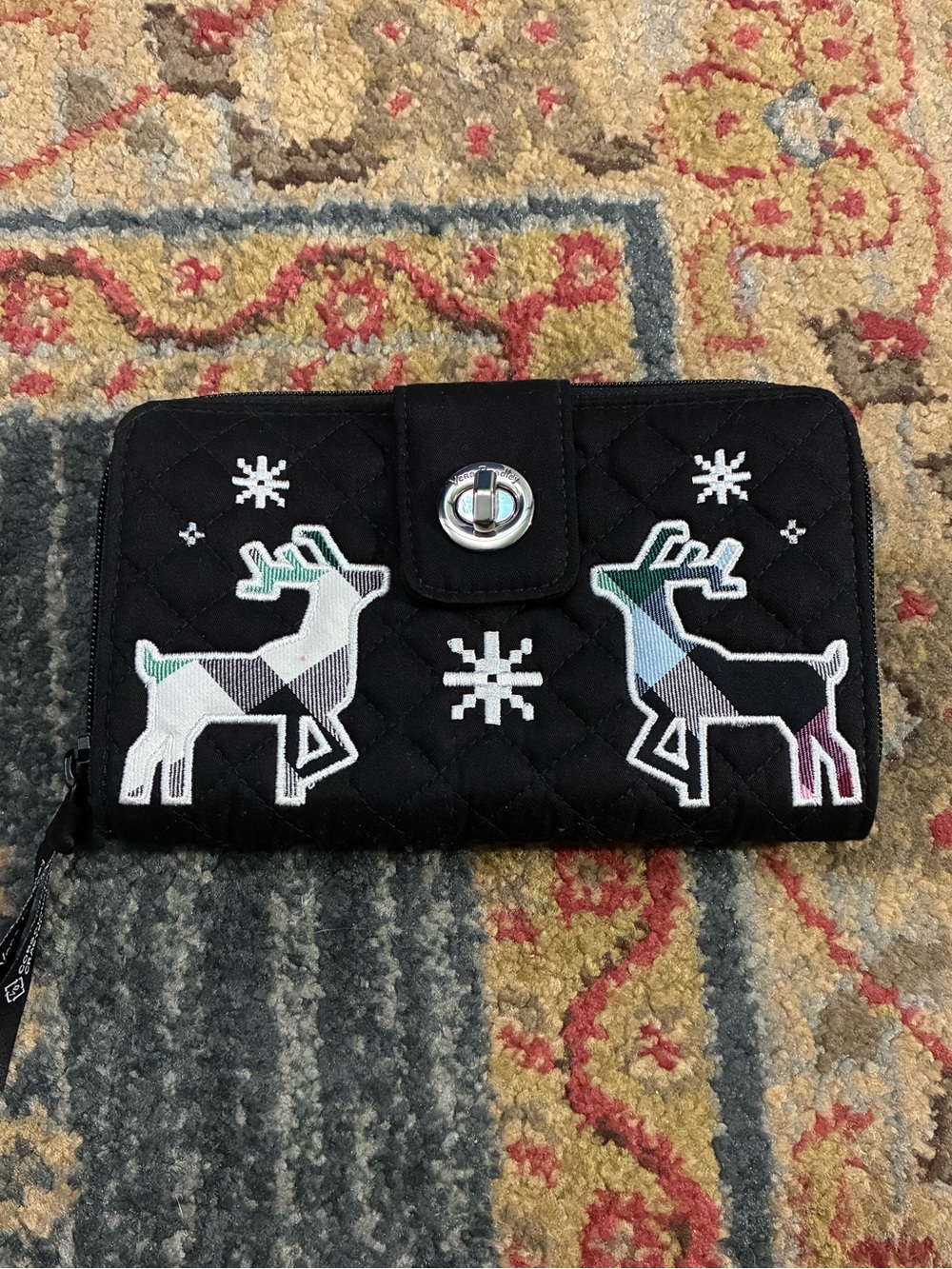 Vera Bradley Black Quilted Wallet with Multicolor Geometric Reindeer